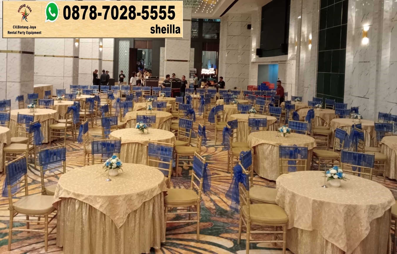 Pusat sewa round table cover gold set kursi tiffany gold Jakarta Pusat