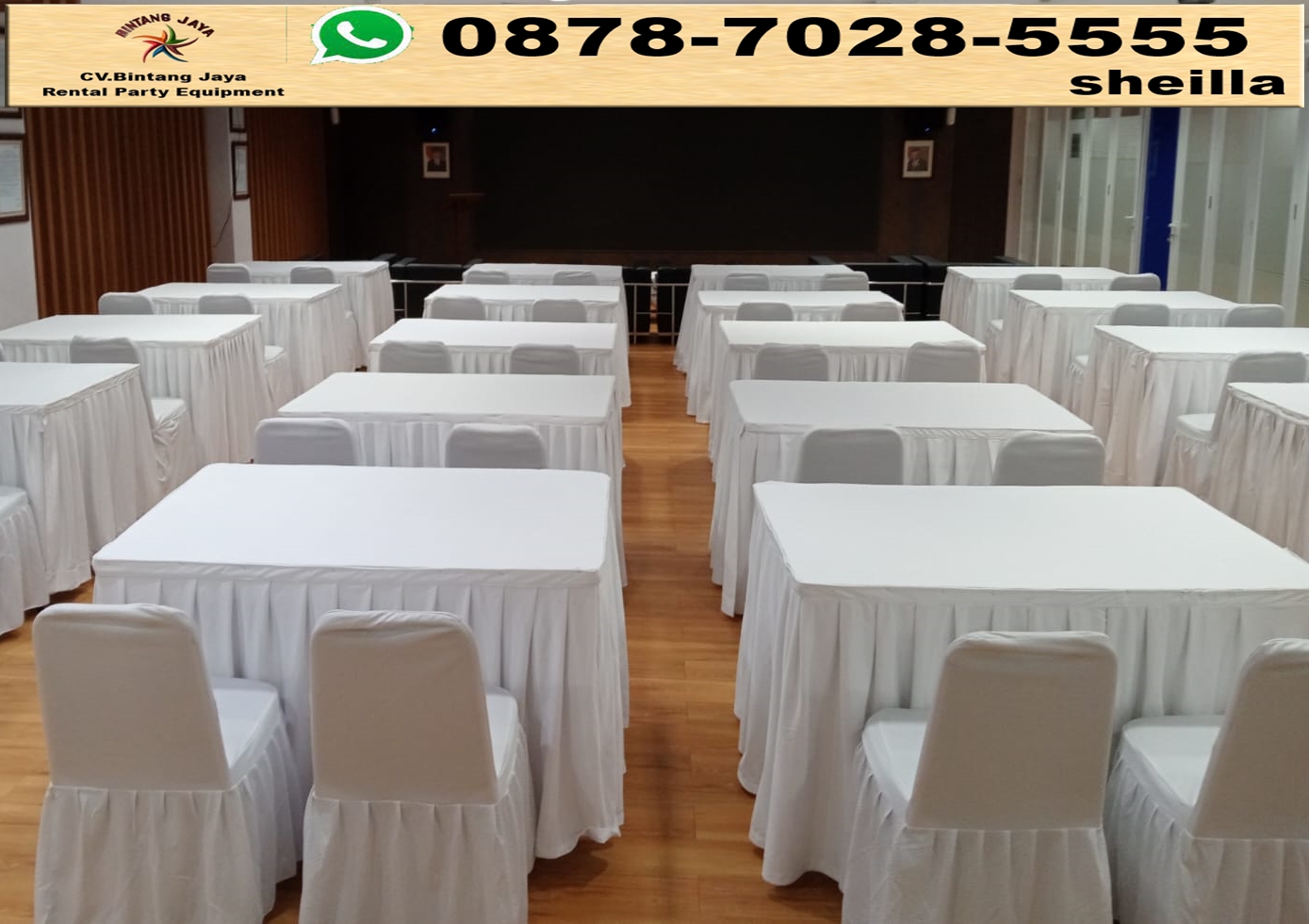 Sewa Meja Kotak Cover Rumbai Putih Terdekat Cikarang Bekasi