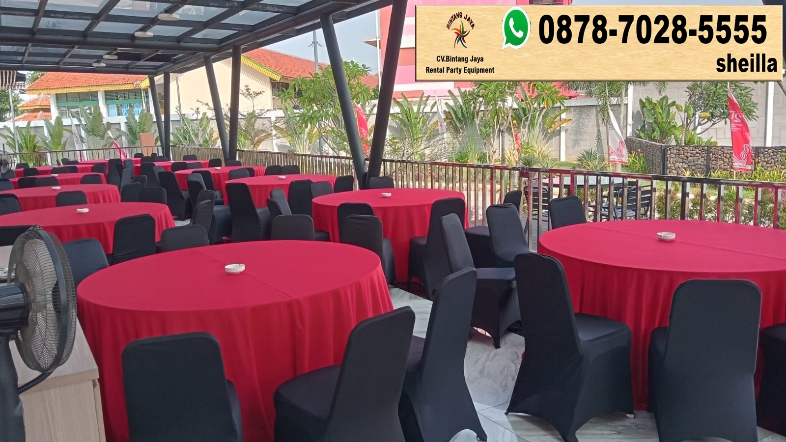 Sewa Round Table Cover Tebar Merah Dan Kursi Cover Hitam Ketat Jakarta