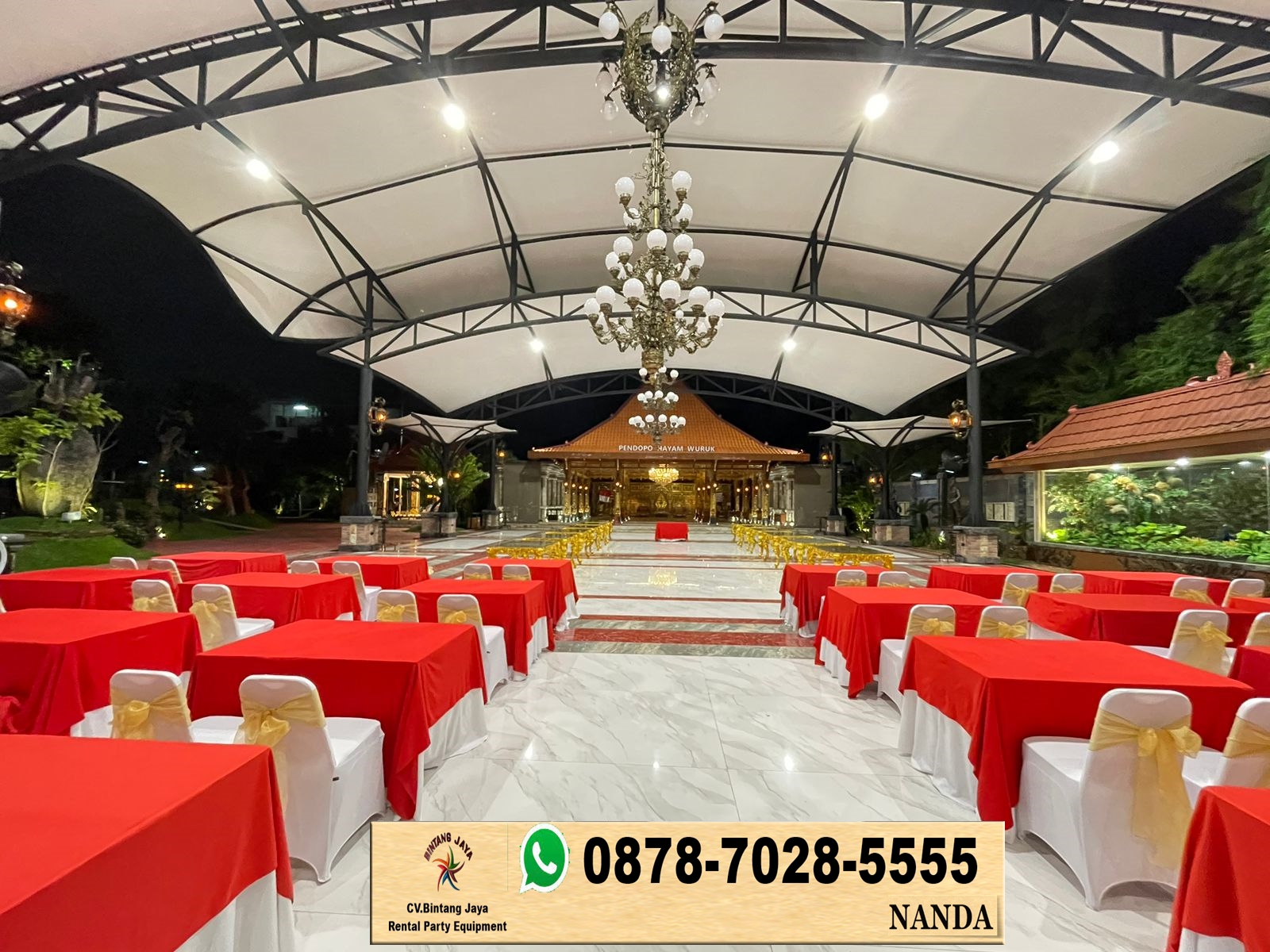 Sewa Meja Kotak Ukuran 80x120cm Cover Merah Putih Di Cirebon