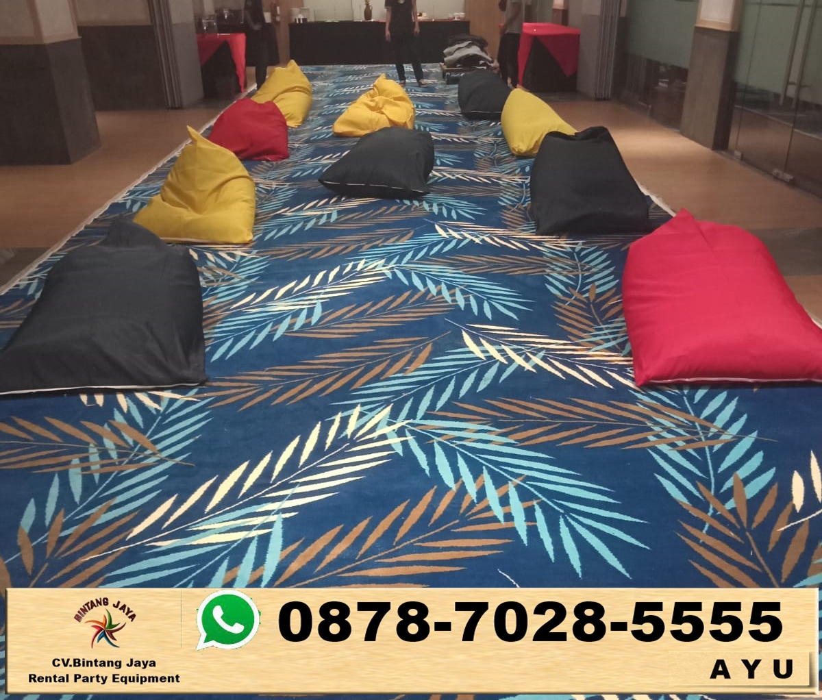 Sewa Flooring Karpet Abu-abu Dan Beanbag Jakarta
