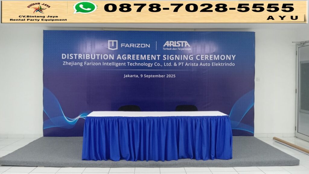 Jasa Sewa Meja IBM 45x180cm Taplak Biru Putih Jakarta