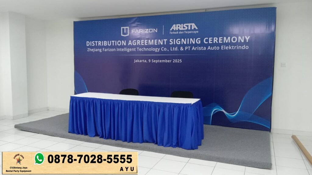 Jasa Sewa Meja IBM 45x180cm Taplak Biru Putih Jakarta