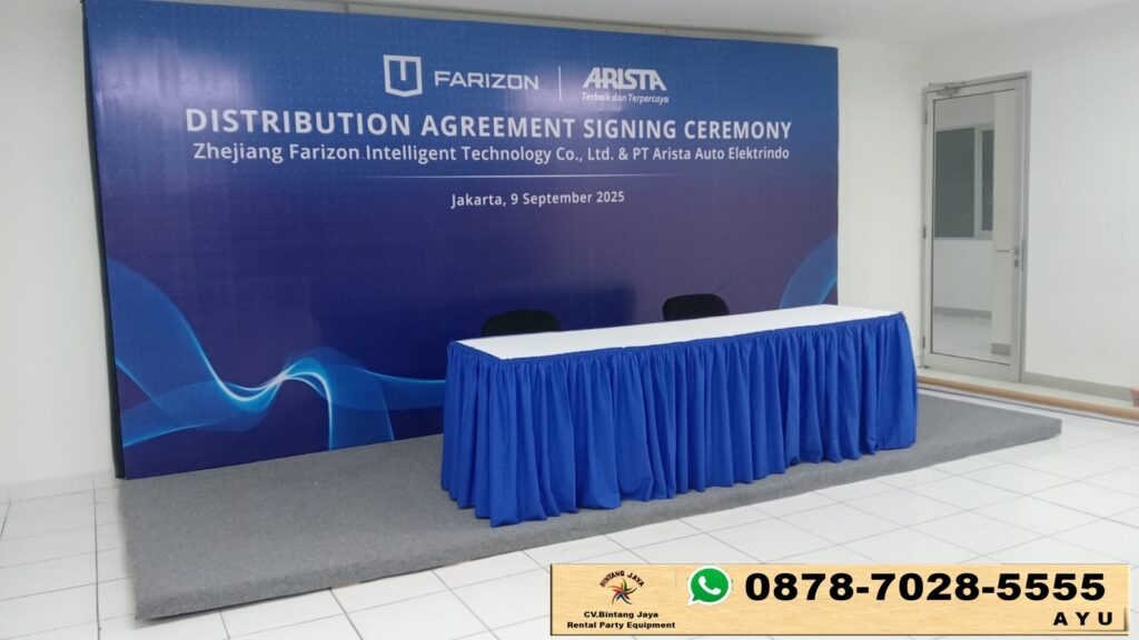 Jasa Sewa Meja IBM 45x180cm Taplak Biru Putih Jakarta