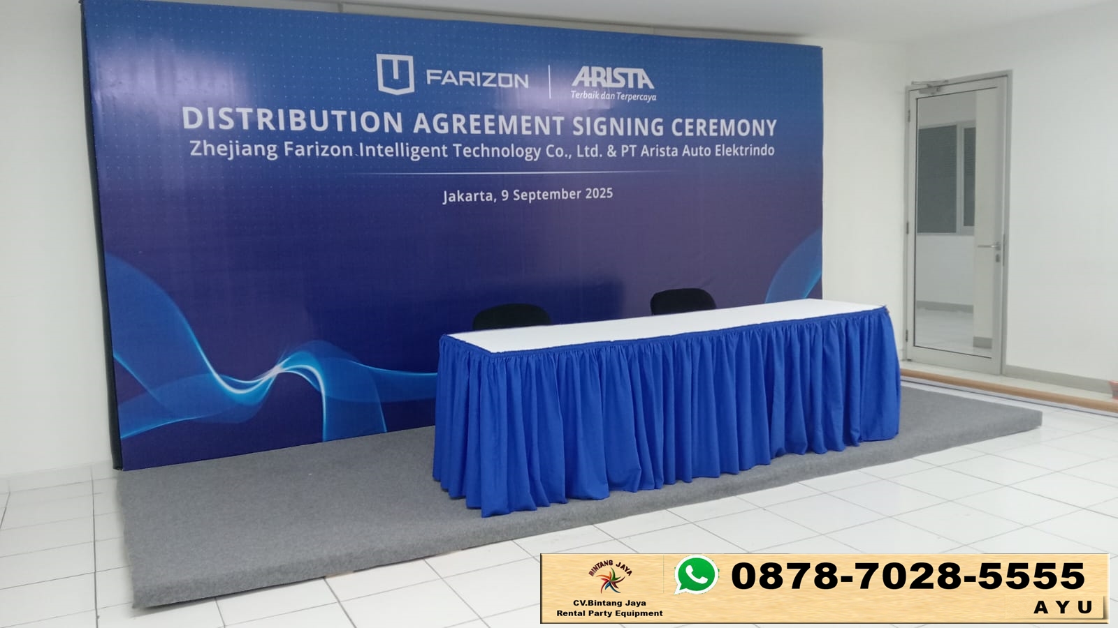 Jasa Sewa Meja IBM 45x180cm Taplak Biru Putih Jakarta
