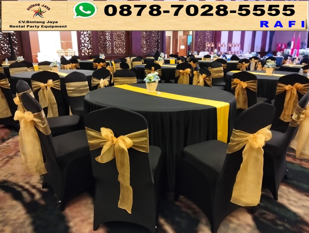 Sewa Set Alat Pesta Round Table Kursi Cover Hitam Pita Gold Jakarta