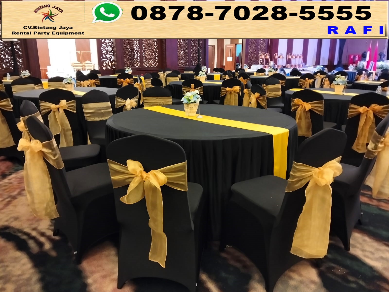 Sewa Set Alat Pesta Round Table Kursi Cover Hitam Pita Gold Jakarta