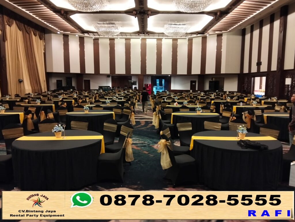 Sewa Set Alat Pesta Round Table Kursi Cover Hitam Pita Gold Jakarta