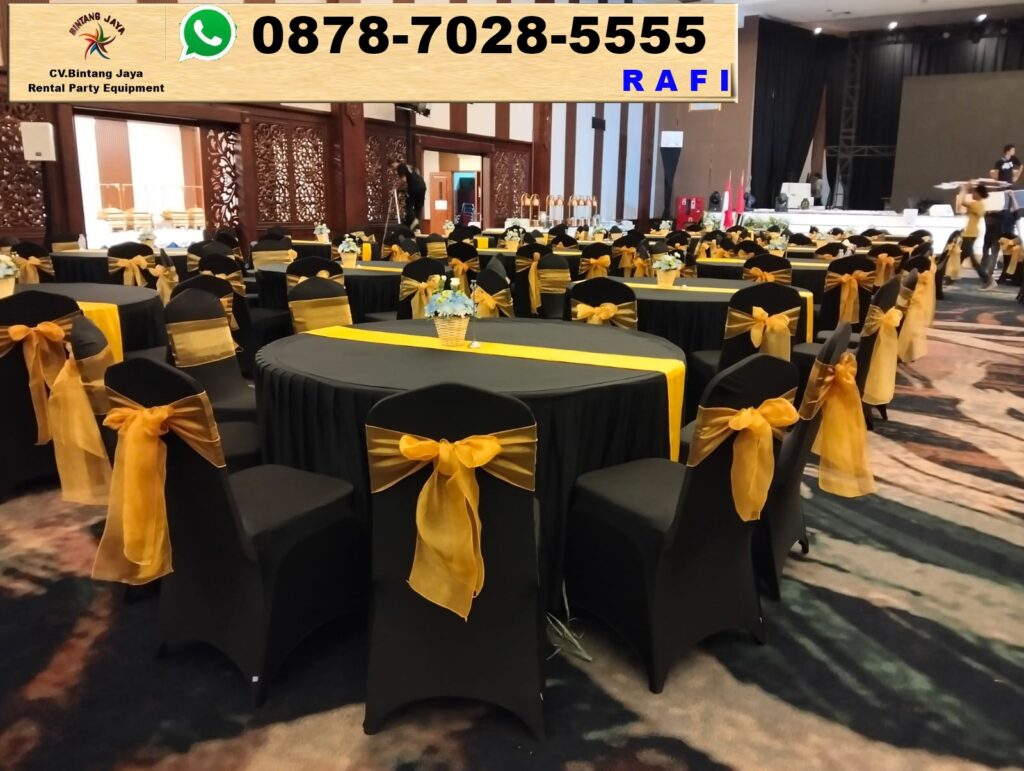 Sewa Set Alat Pesta Round Table Kursi Cover Hitam Pita Gold Jakarta