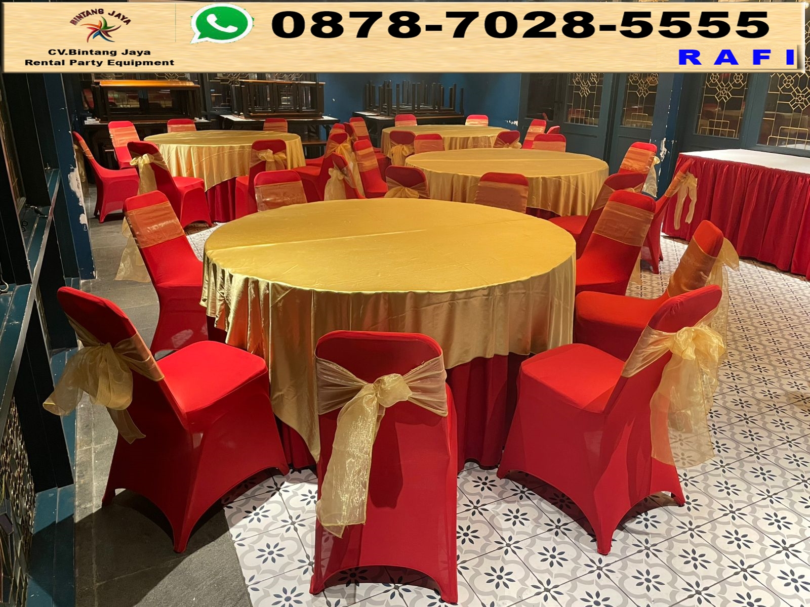 Rental Meja Bundar Cover Gold Dan Kursi Cover Merah Jakarta.a Rental Meja Bundar Cover Gold Dan Kursi Cover Merah Jakarta