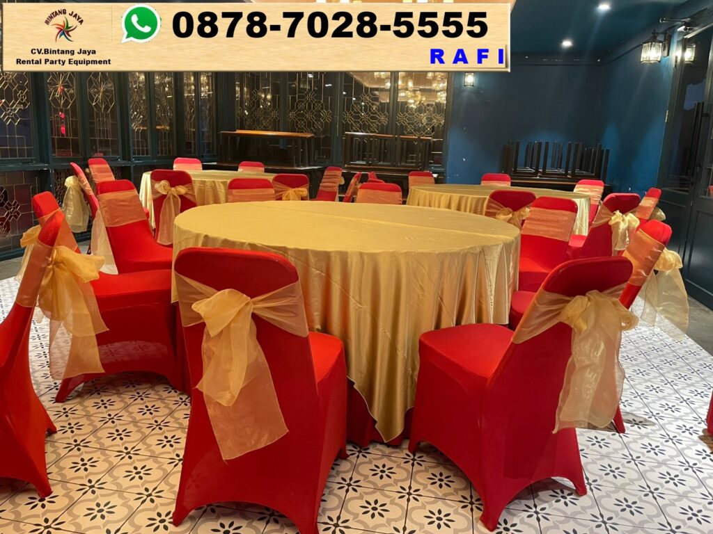 Rental Meja Bundar Cover Gold Dan Kursi Cover Merah Jakarta