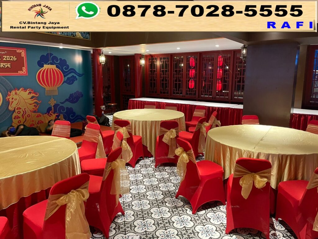 Rental Meja Bundar Cover Gold Dan Kursi Cover Merah Jakarta