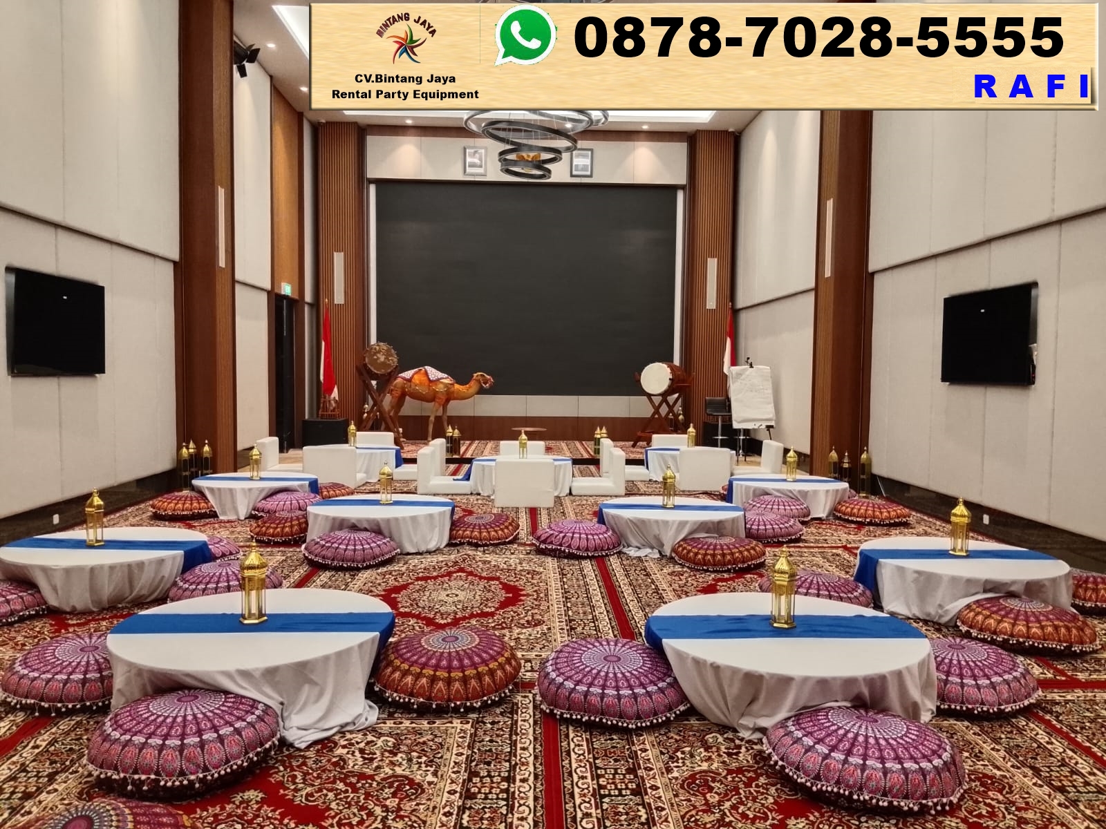 Sewa Karpet Permadani Coklat Sofa Lesehan & Meja Lesehan Cover Biru Semanggi Jakarta Selatan