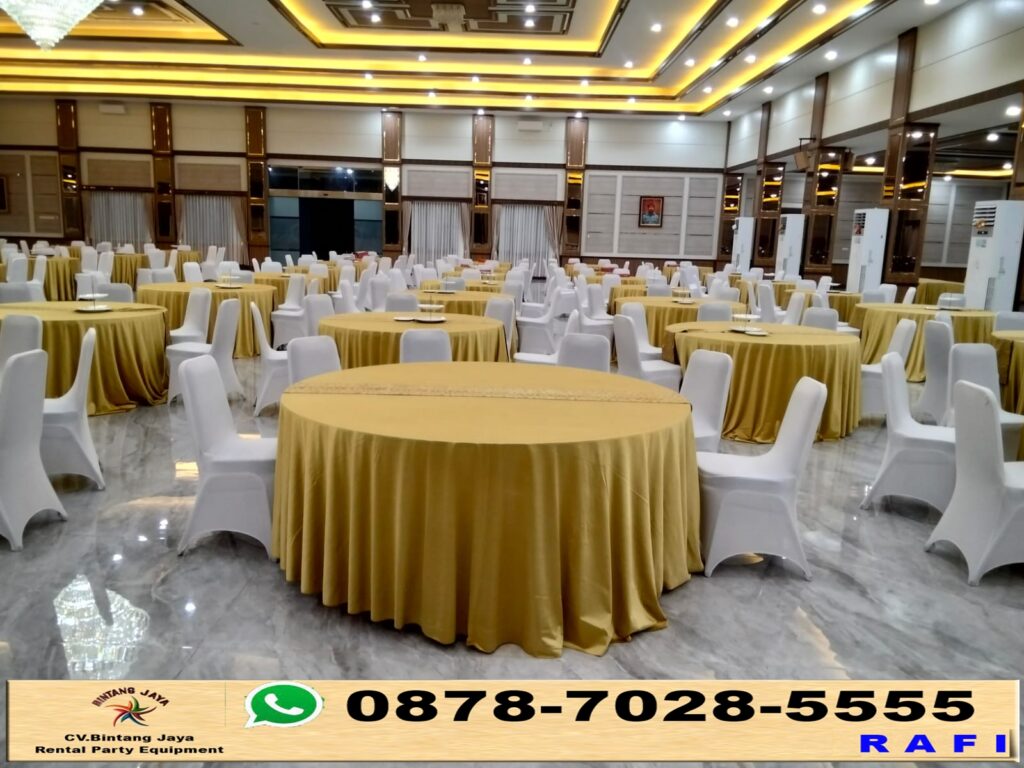 Vendor Sewa Meja Bulat Taplak Warna Emas Event Di Hambalang