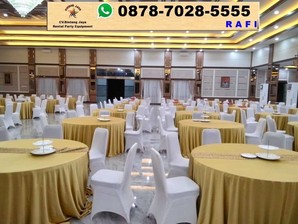 Vendor Sewa Meja Bulat Taplak Warna Emas Event Di Hambalang
