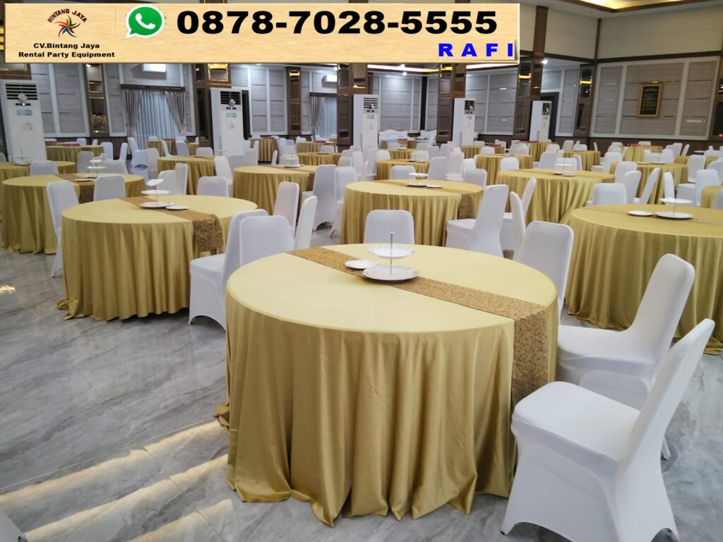 Vendor Sewa Meja Bulat Taplak Warna Emas Event Di Hambalang