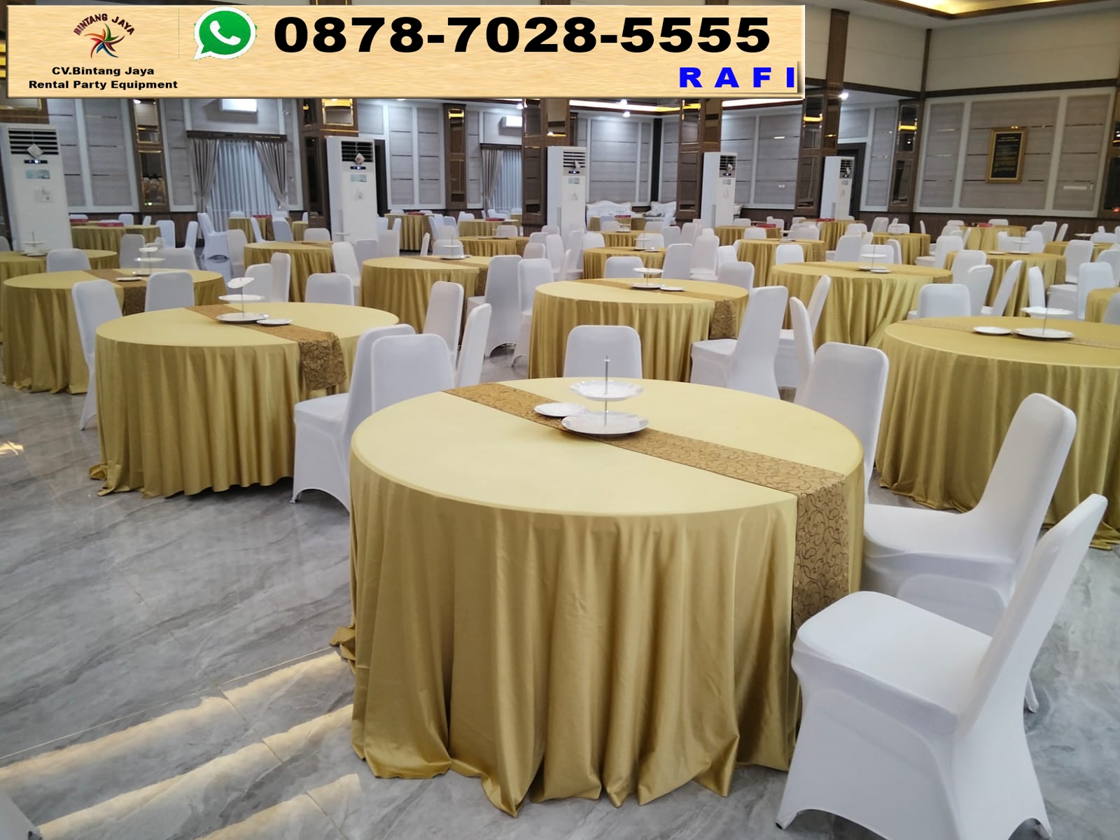 Vendor Sewa Meja Bulat Taplak Warna Emas Event Di Hambalang