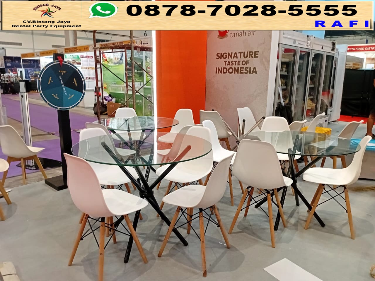 Sewa Meja Dealing Kaca D100cm Set Kursi Scramble Putih Event Nice PIK 2