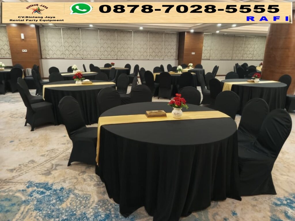 Sewa Round Table Taplak Hitam Putih Dan Kursi Cover Hitam Jakarta