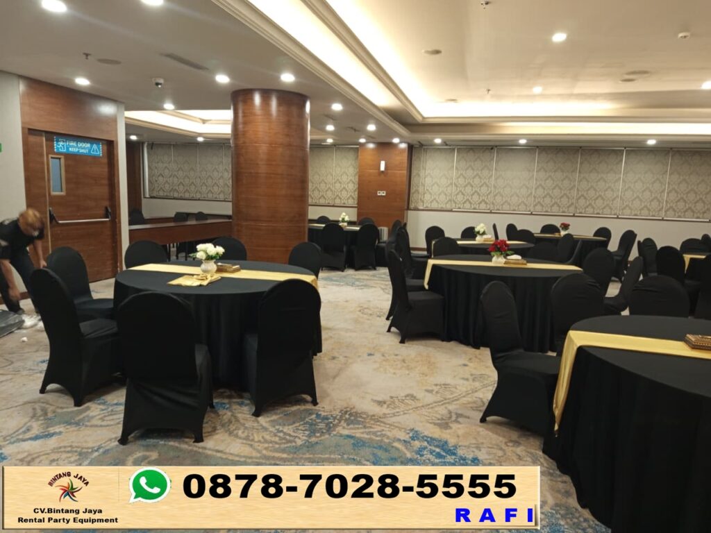 Sewa Round Table Taplak Hitam Putih Dan Kursi Cover Hitam Jakarta