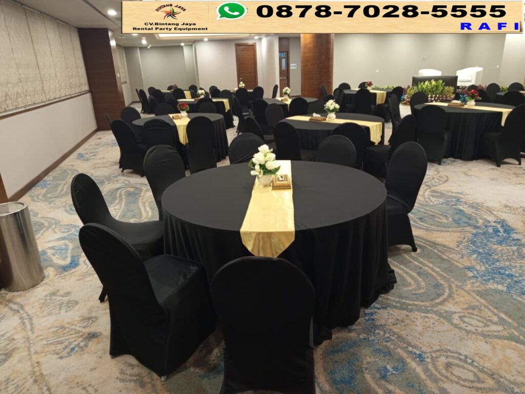 Sewa Round Table Taplak Hitam Putih Dan Kursi Cover Hitam Jakarta