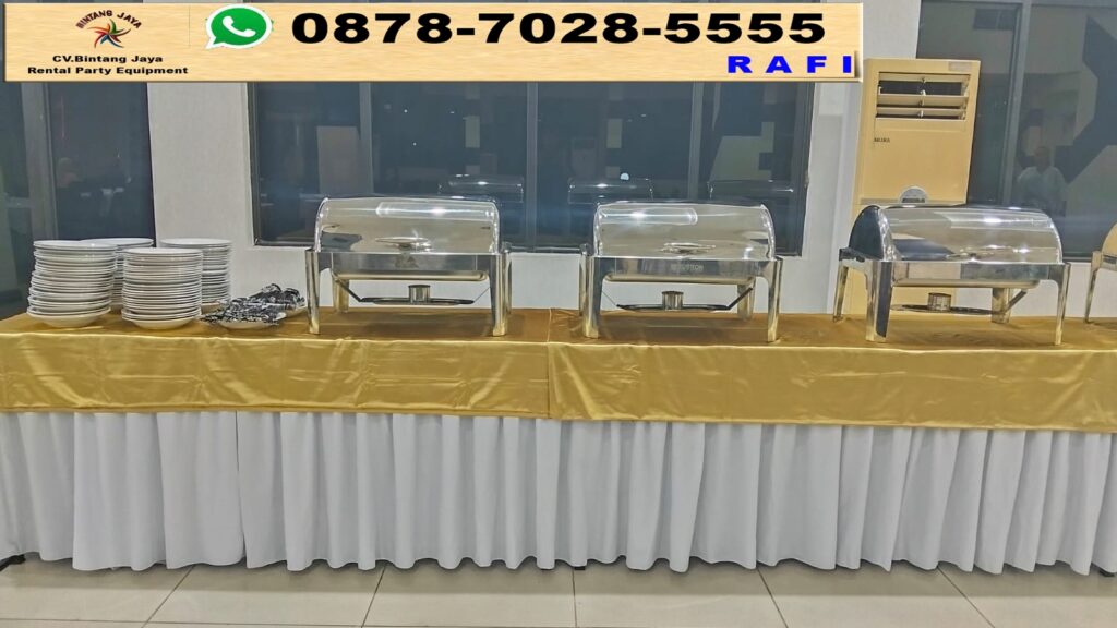 Sewa Alat Prasmanan Lengkap Dan Meja Ibm Sekerting Putih Taplak Gold Event Rawamangun