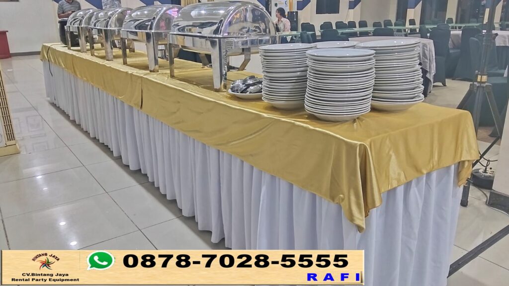 Sewa Alat Prasmanan Lengkap Dan Meja Ibm Sekerting Putih Taplak Gold Event Rawamangun