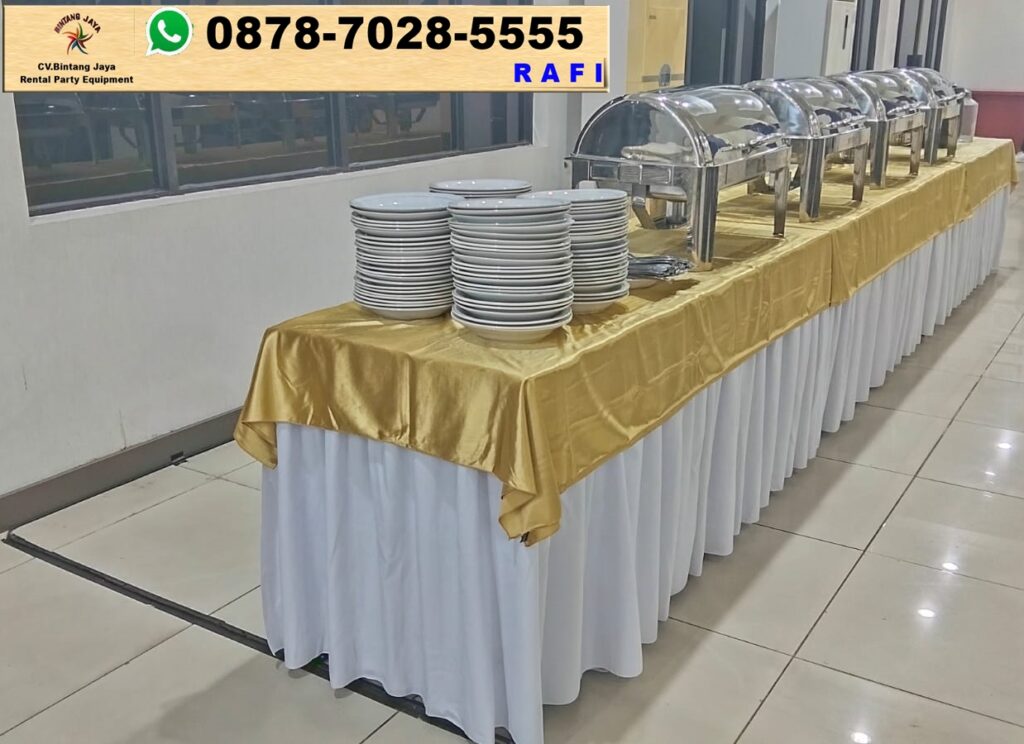 Sewa Alat Prasmanan Lengkap Dan Meja Ibm Sekerting Putih Taplak Gold Event Rawamangun