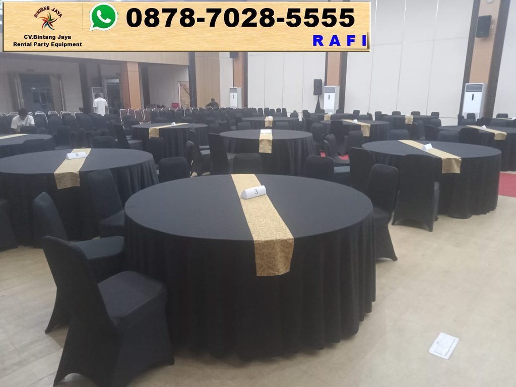 Sewa Meja Bundar Taplak Hitam Kursi Susun Sarung Kursi Hitam Jakarta