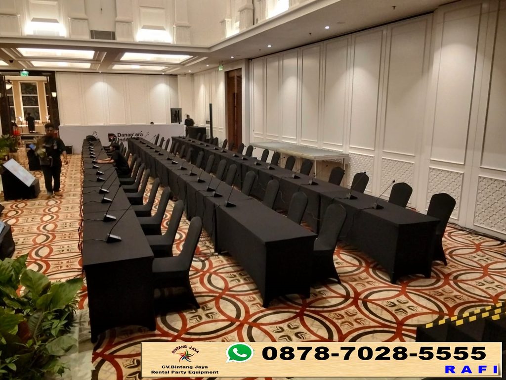 Rental Meja Ibm 180x45cm Cover Hitam Ketat Jakarta